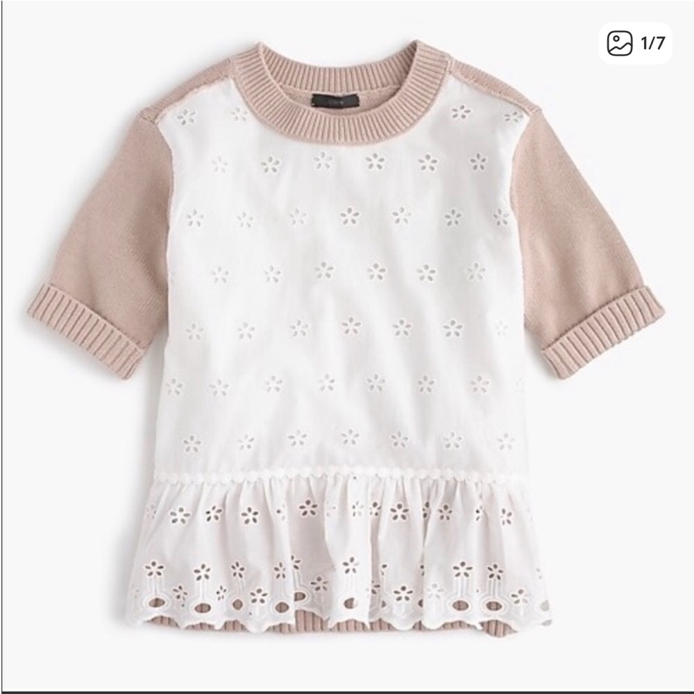 J.Crew short sleeve eyelet sweater with ruffle hem.  Size XS